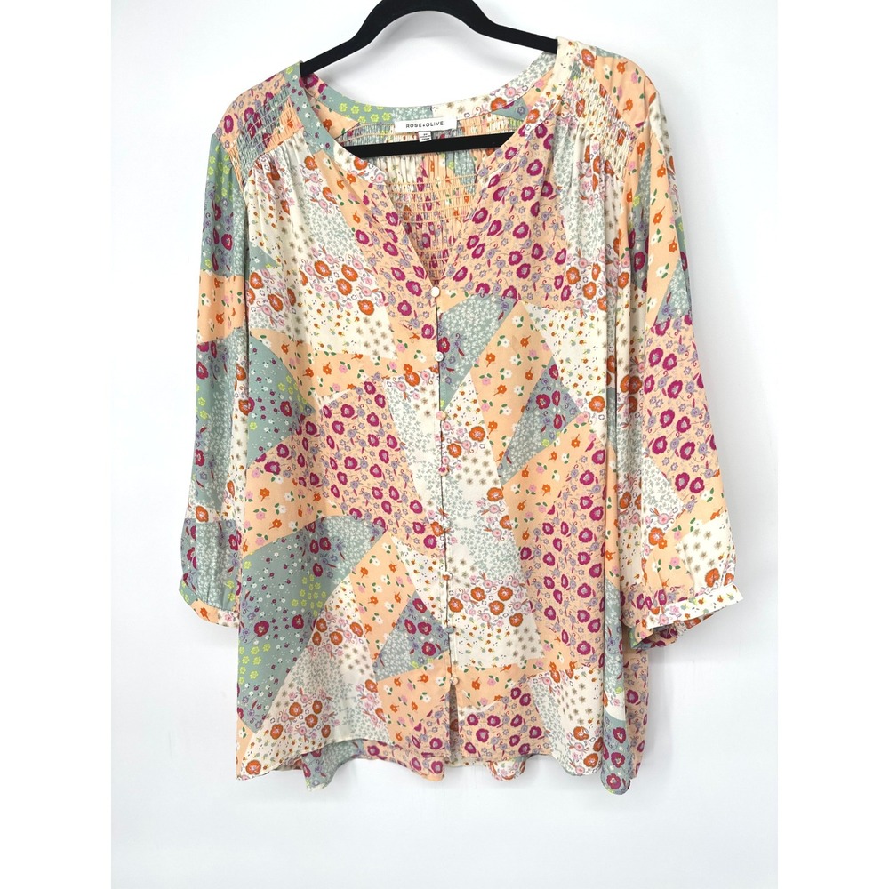 Rose + Olive Blouse Women 2X Cottage Patchwork Floral Smocked Button Boho Top